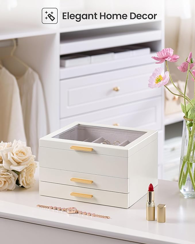 Lolalet Jewelry Box, Clear Window Wood Grain Jewelry Storage for Earrings Bracelets Necklaces Rings, High Capacity Organizer for Women -Beige, 3 Layers