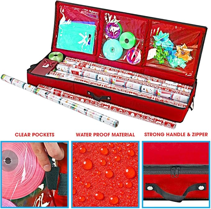 Primode Wrapping Paper Storage Container | Gift Wrap Organizer Under Bed | 41”x14”x6” | Fits 18-24 Rolls Up to 40” | 600D Oxford | Box Holder with Pockets for Ribbon, Bows and Accessories (Red)