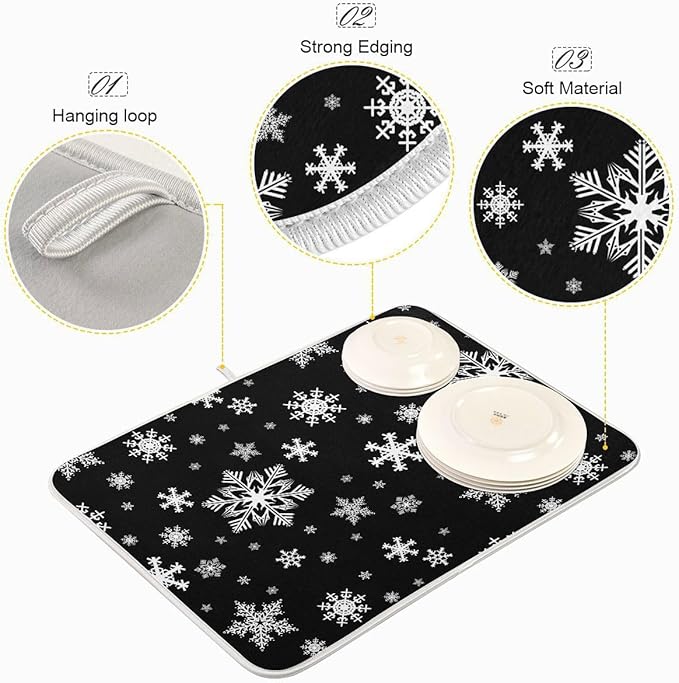 Winter Snowflake Black Dish Drying Mat for Kitchen Christmas Snowflake Xmas Microfiber Drying Mats Absorbent Reversible Dish Pad Medium Dish Draining Mat 16x18 inch