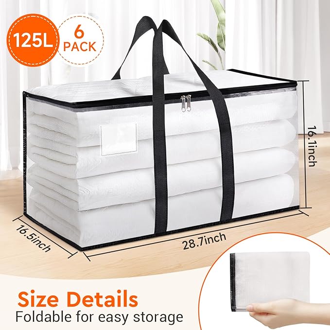 BlissTotes Moving Bags, 6-Pack Storage Bags, Moving Bags Heavy Duty Extra Large, Moving Totes, Clear moving Bags, Reinforced Handles & Tag Pocket (125L)