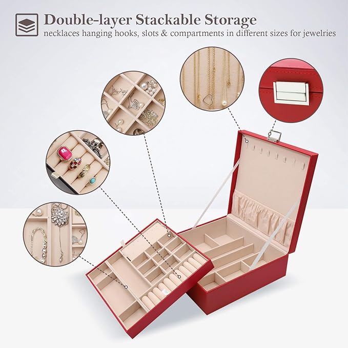 ProCase Jewelry Box for Women, 2 Layers Large Leather Jewelry Organizer Storage Case with Removable Pad for Earrings -Red