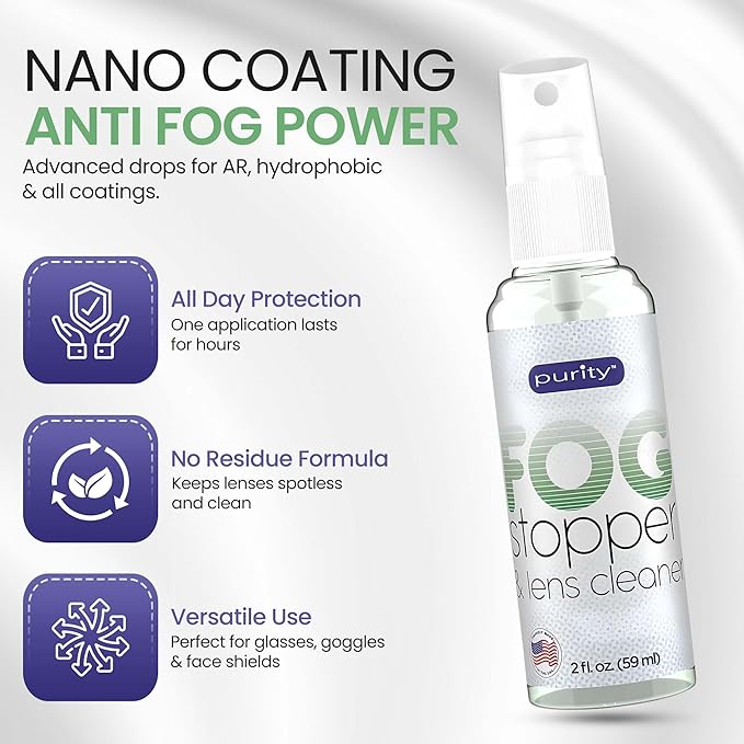 Purity Fog Stopper and Lens Cleaner Spray - Anti Fog Spray for Glasses & Non-AR Coated Lenses - Fog Blocker and Anti-Static Lens Cleaning Spray for Glasses, Eyewear, Goggles and Masks - 2oz