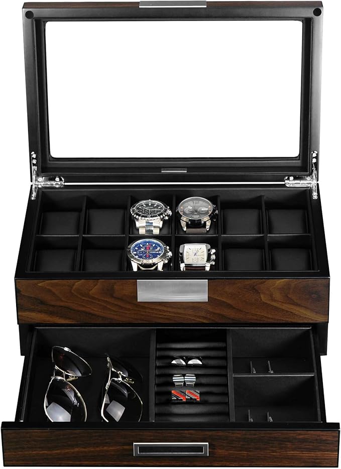 Lifomenz Co Wooden Watch Box for Men Watch Jewelry Box organizer with Valet Drawer,12 Slot Watch Display Case Holder Large Watch,Men Accessories Organizer with Real Glass Window Top