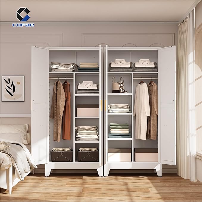 COFaR Metal Wardrobe Closet with Doors, 71'' Tall Steel Bedroom Armoire with Adjustable Hanging Rod and Shelves, Broom Closet Storage Cabinet for Garage Laundry Office, Farmhouse White