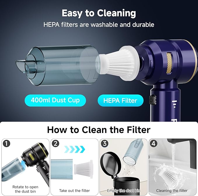 Piwosa Handheld Vacuum Cordless, Car Vacuum Cleaner with High Power Strong Suction, Compressed Air Dusters with LED Light, Mini Portable Hand Vacuum Blower for Home, Pet (Navy)