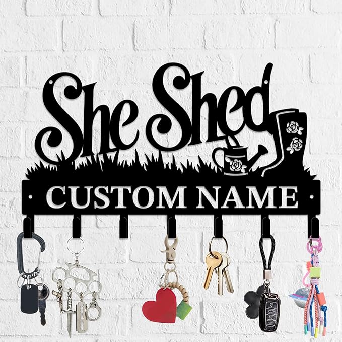 Personalized She Shed Metal Keys Hooks,Custom Name Metal She Shed Keys Hooks,Black Metal She Shed Wall Home Storage Decorative Keys Hooks,Key Holder Hooks for Wall (Style G)