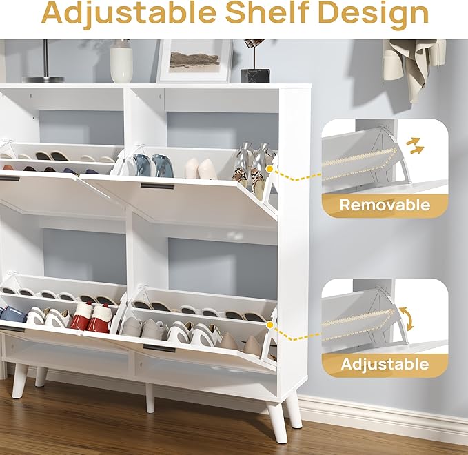 White Large Shoe Cabinet fit up to Shoe Size 16, Freestanding Shoe Organizer with 4 Flip Drawers, Narrow Wooden Shoe Rack for Entryway, Closet, Living Room