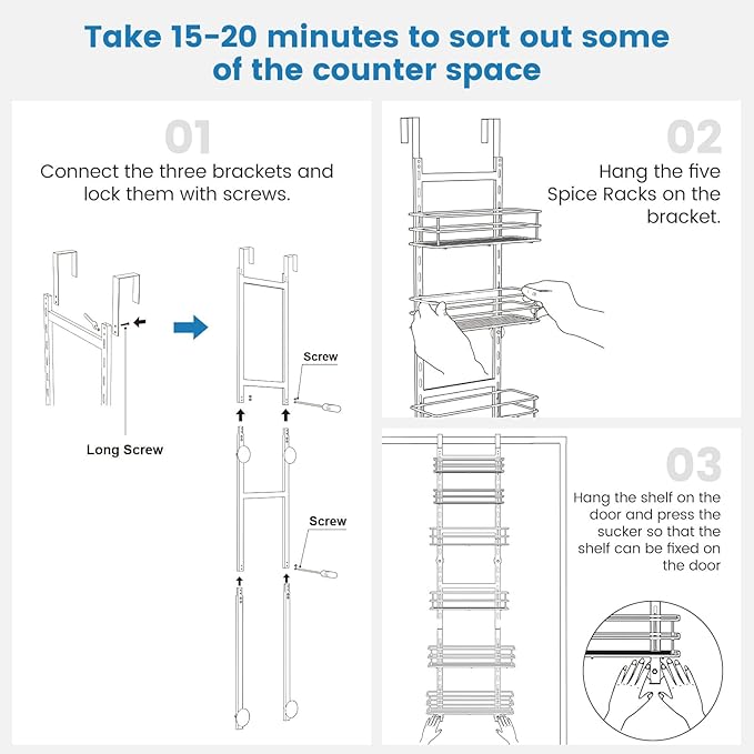 Purdaz Adjustable 6-Tier Over the Door Pantry Organizer, Spice Rack, Narrow Hanging Shelf for Kitchen Storage and Organization (White)