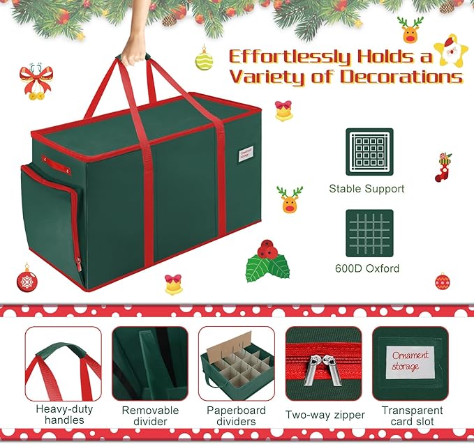 Large 2-in-1 Christmas Ornament Storage Box & Xmas Figurine Container,4 Separate Trays Keep 64-3"/ 54-4" Holiday Ornaments,Adjustable Extent Area for Figurines and Pockets for Decoration