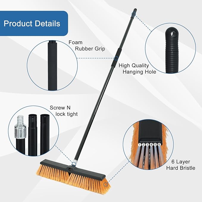PBHEPJ 24 Inchs Push Broom Outdoor Heavy Duty, Shop Broom with 60" Long Handle for Cleaning Outdoor or Indoor Tile, Garage, Shop, Deck, Concrete, Wood, Stone, Patio Floor, 2 Pack
