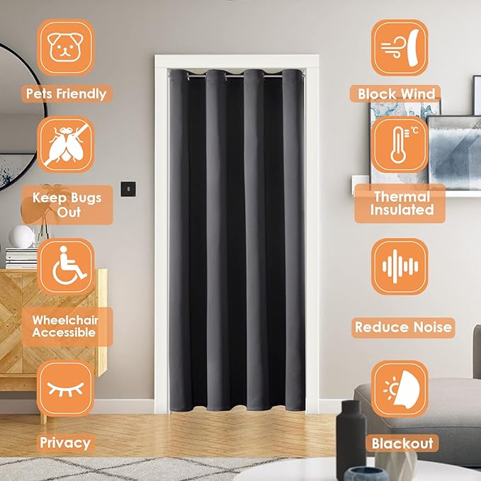 ChrisDowa Blackout Door Curtains for Doorway Privacy, Grommet Closet Curtains for Bedroom Closet Door, Thermal Insulated Temporary Doorway Cover Room Divider Drapes (1 Panel, Dark Grey, 42 x 80 Inch)
