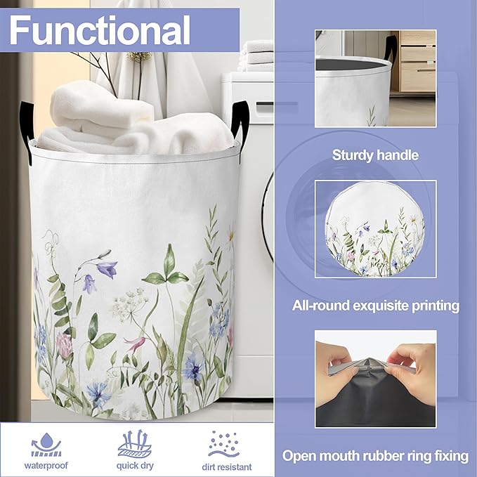 Vintage Wild Flowers Laundry Basket-Large Foldable Hamper Holder Portable Tall Collapsible Laundry Hamper Storage Basket Bin with Handles, Canvas & Waterproof lining for Household Items