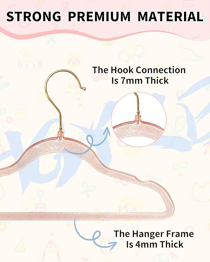 HGYZE Kids Hangers for Baby Clothes, 50pcs Toddler Hangers with 360° Swivel Golden Hook, 12.5" Acrylic Glitter Hangers, Pink Sparkling Hangar with Glitter for Infant Girl Dresses Coat Sweater Nursery