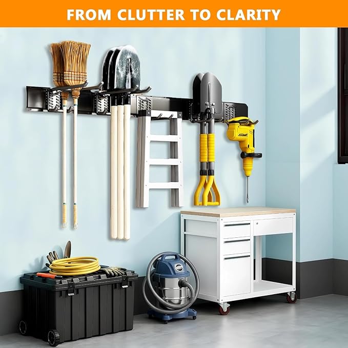 Garage Tool Organizer Wall Mount, 48 inch Garage Wall Organizer, 480lbs Sturdy Garden Tool Organizer with 6 Adjustable Bilayer Hooks, for Yard, Shed, Basement, Workshop(Black)