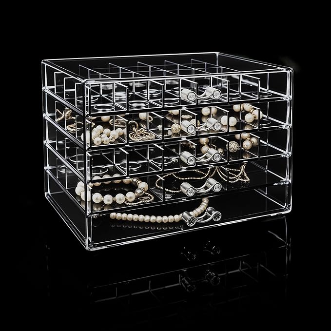 Clear Jewelry Box, Jewelry Organizer with 5 Drawers, 5-Layer Acrylic Storage Box for Women, Earring Display Holder for Earrings Ring Bracelet Necklace 79 Grid Compartment Earring Organizer