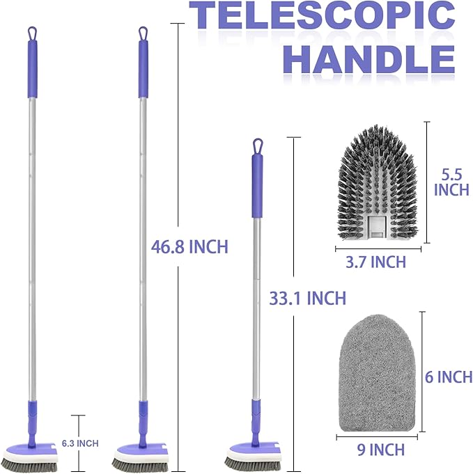 TRENNCHI 2 in 1 Tile Tub Scrubber Brush with 46.8" Extendable Long Handle, Shower Mop and Tub Cleaning Brush with 2 Different Function Cleaning Heads for Cleaning Bathroom Kitchen Wall Bathtub Floor