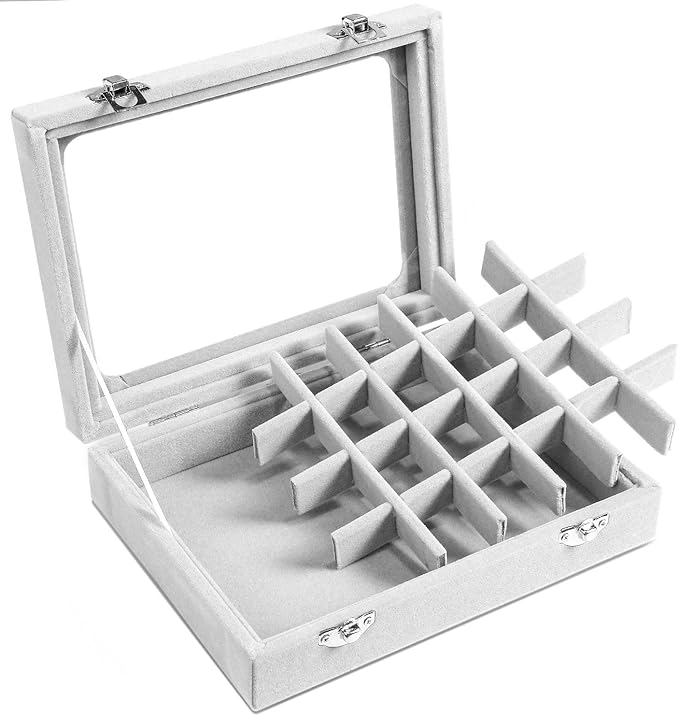 Velvet Jewelry Box 24 Grid Jewelry Earrings Display Organiser Box Ring Tray Holder Earrings Storage Case for Girls Women Wife Mom (Gray)
