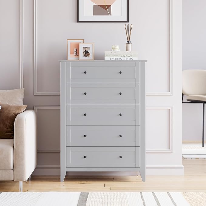 Modern 5 Drawers Dresser for Bedroom, Tall Wood Chest of Drawers for Clothes, Big Storage Dressers Organizer with Gold Handles & Deep Drawers, Living Room, Closet, Hallway, Grey