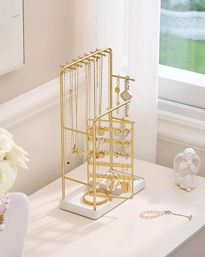 ProCase Jewelry Stand Holder Organizer, Jewelry Display Storage with Ring Tray, No-Assembly Needed, Rotating Earring Bracelet Necklace Holder, Christmas Gifts Room Dorm Decor for Teen Girls -Gold