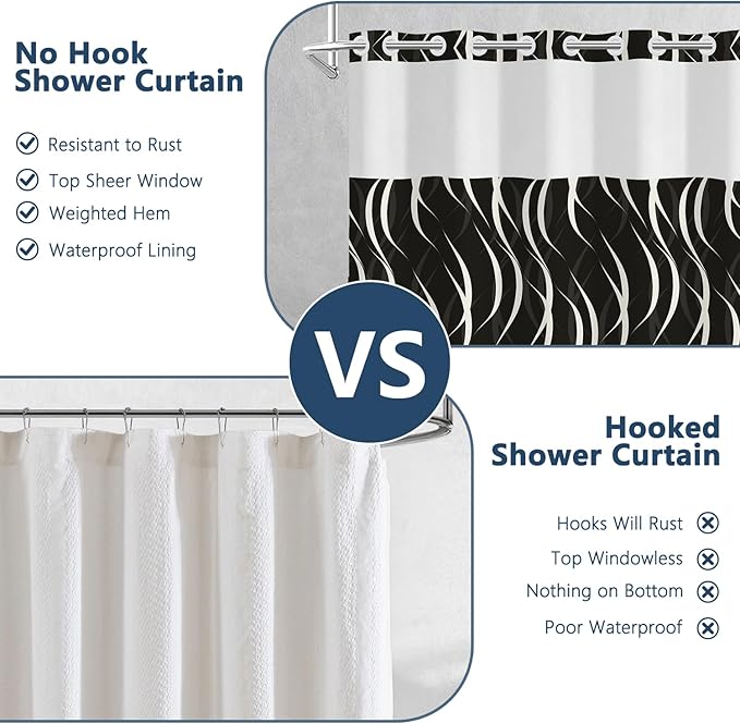 No Hook Black and White Striped Shower Curtain with Liner, Abstract Modern Minimalist Geometric Decor Bathroom Curtains, Hotel Style Waterproof Fabric Shower Curtain with Top Sheer Window, 71x74 Inch