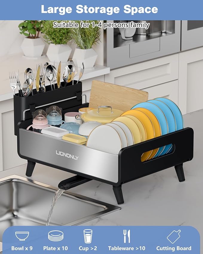 LIONONLY Dish Drying Rack, Thicker Premium Aluminum Frame and 304 Stainless Steel Plate Rack for Kitchen Counter, Automatic Drainage Spout, Dish Drainer & Drainboard Set with Utensil Holder, Black