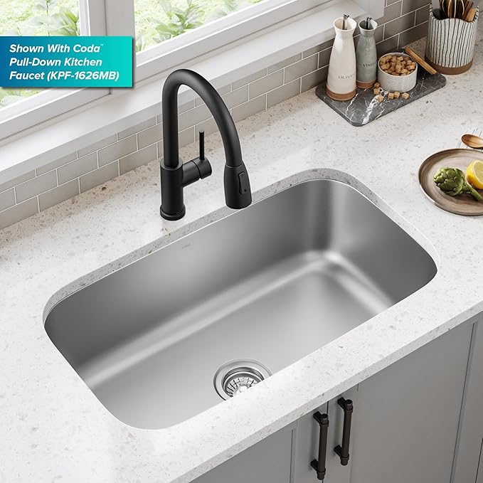 KRAUS Premier 31 1/2-inch Undermount Single Bowl 18-Gauge Stainless Steel Kitchen Sink with WasteGuard Continuous Feed Garbage Disposal, KBU14-100-75MB