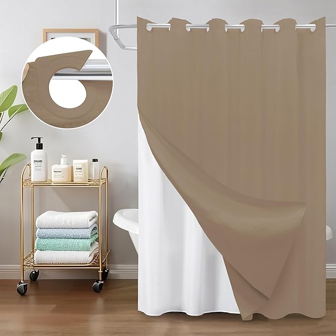 Inhousolu No Hook Waffle Weave Shower Curtain with Removable Snap in Fabric Liner Set for Bathroom, 230 GSM Heavy Duty Weighted Hem, Water Repellent Washable Bath Curtains, 72 x 84 Inch, Beige