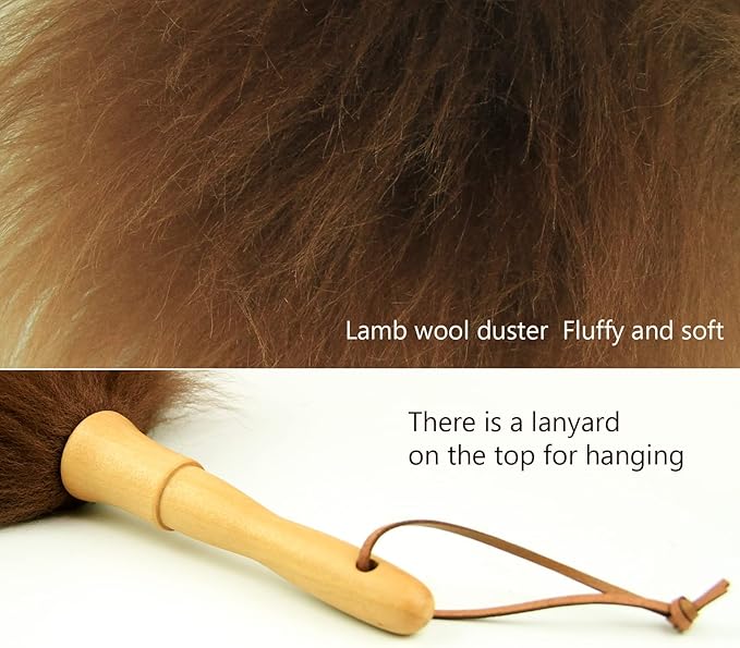 iHUFeather Lambs Wool Duster for Cleaning Window Blinds Computer Furniture TV Computer Screens Bookshelves Solid Wooden Handle Natural Feather Duster,26'', Brown