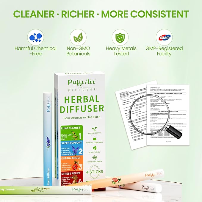 PUFFIAIR 4-Pack Herbal Diffuser Pen | Clean Botanical Aromatherapy Pens with 4 Variety Scents | Cool Mint & Herbal Fragrances | Smooth Daily Aromatherapy Experience | 600 Uses Per Pen