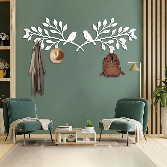 Bay Leaf Metal Coat Rack, Tree Branch and Birds Coat Rack, Bay Leaf Wall Hanging, Boho Wall Mount, Nature Room Decor, Home Storage Organization in Entryways (Silver, 14"x48"|36x121cm)