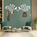 Bay Leaf Metal Coat Rack, Tree Branch and Birds Coat Rack, Bay Leaf Wall Hanging, Boho Wall Mount, Nature Room Decor, Home Storage Organization in Entryways (White, 10"x35"|26x90cm)