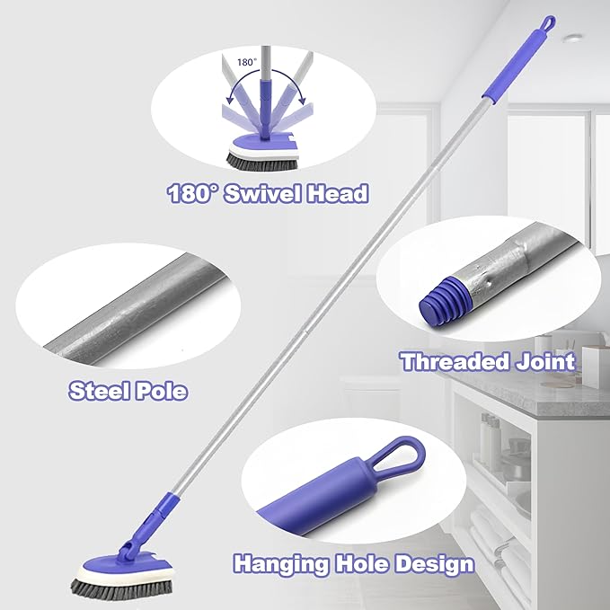 TRENNCHI 2 in 1 Tile Tub Scrubber Brush with 46.8" Extendable Long Handle, Shower Mop and Tub Cleaning Brush with 2 Different Function Cleaning Heads for Cleaning Bathroom Kitchen Wall Bathtub Floor