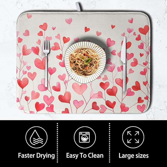Kwlegh Valentines Pink Love Heart Dish Drying Mat Valentine Day Absorbent Microfiber Dish Drying Pad Heat Resistant Kitchen Counter Draining Mat Extra Large Dish Drainer Rack Mats 16x18 Inch