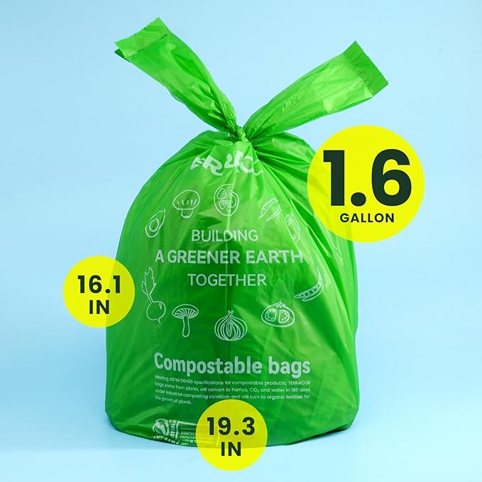 TERRACOR 1.6 Gallon Compostable Food Scrap Bags Handle Tie for Kitchen Countertop Bin, 6 Liter Small Compost Bags, 100 Count (Pack of 2), BPI Certified and Meet The ASTM D6400 Standard