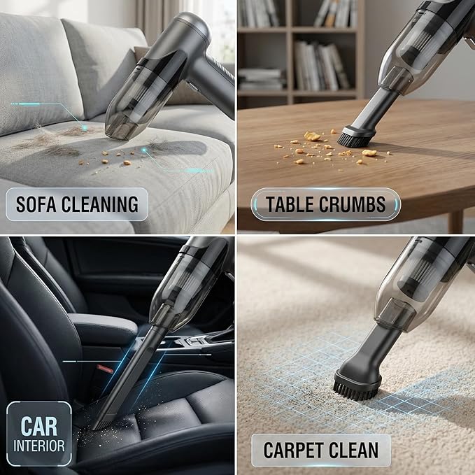 TEZILON Handheld Car Vacuum Cordless Small Portable High Power Mini Vacuum Cleaner, HEPA Filter Rechargeable 3 in 1 Dust Buster/Air Blower/Inflator, 7 Tools for Pet Hair/Keyboard/Snow Debris/Sofa/Car