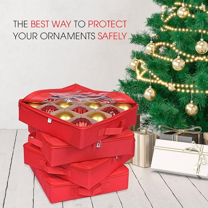 ProPik 4 Pcs Christmas Ornament Storage Boxes with Dividers | 4 Individual Trays Hold 64 Holiday Decoration Balls | Durable Ornaments Organizer Storage Box | Zippered Closure with Handles (Red)