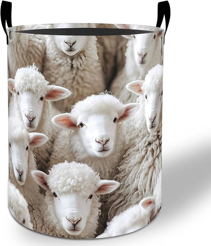 Cute Sheep Laundry Basket Hamper 19.7"x15.8", Farmhouse Foldable Waterproof Oxford Clothes Storage Bucket for Room Bathroom Bedroom Nursery Decor, Toy Organizer Bins Gifts for Kids Boys Girls