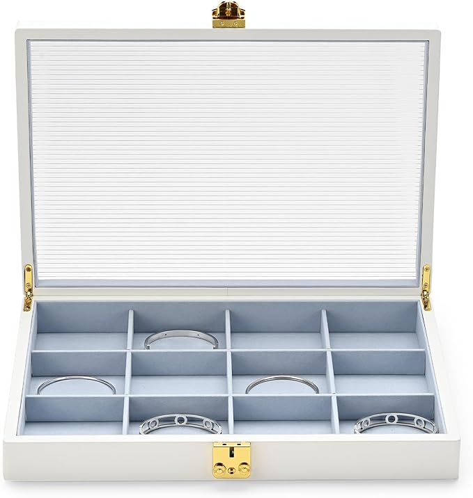 Oirlv White 12 Gird Luxury Leather Jewelry Organizer Tray with Clear Lid Lockable Jewelry Box Bangle Holder Box for Women (Blue Interior) 12 Grid