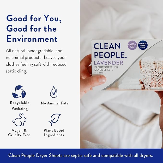 The Clean People Fabric Softener Sheets - Dryer Sheets - Softens & Removes Static - Vegan Laundry Softener With Essential Oils - Lavender, 120 Pack