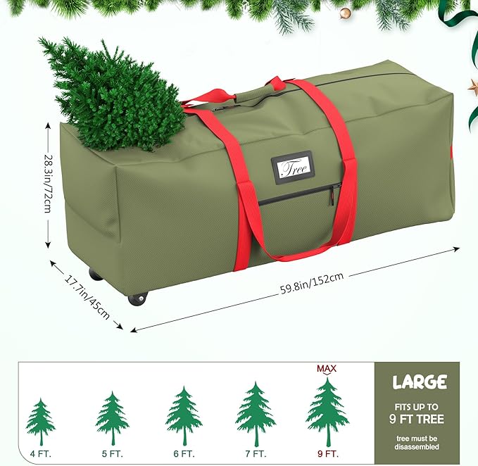 Mrrihand Christmas Tree Storage Bag, Large Artificial Anti-Tear Heavy-Duty 600D Oxford Cloth Xmax Christmas Tree Storage Box with Rolling Wheels, Christmas Tree Storage Container (Army Green&Red, 9Ft)