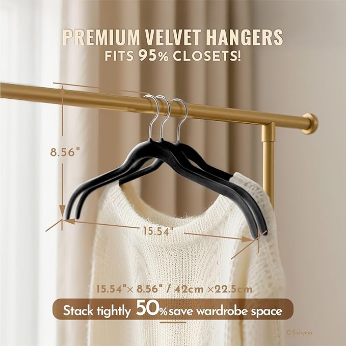 SIshynio 30 Pack Velvet Shirt Hangers, Non-Slip Slim Flocked Clothes Hanger with 360° Swivel Hook, Space-Saving Felt Hangers for Coats, Sweaters, Blouses, Tank Tops(Black)