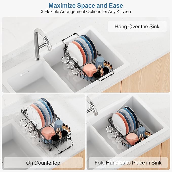 iSPECLE Small Sink Dish Drying Rack with Cup Holder, Expandable Rust Resistant Dish Drainer for RV Kitchen, Dish Rack with Tightening Knob, Arms with Non Slip Rubber, Fit Sink 12"-16.8" L, Black