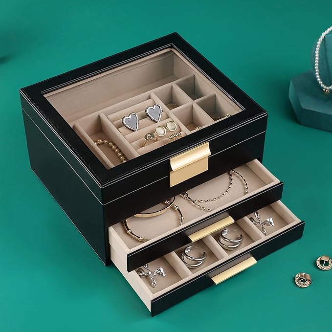 Jewelry Box Organizer for Women,3 Layers Jewelry Storage Display Box with Glass Lid,Gift for Christmas,3 Drawers,Large Capacity for Necklace Earrings Bracelets Rings,Black