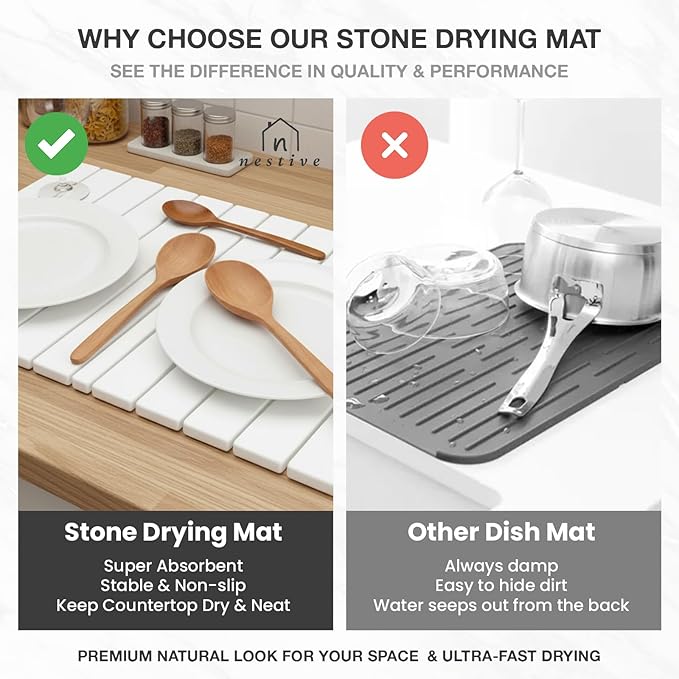 Large Stone Dish Drying Mat for Kitchen Counter, 24"x16", Fast Drying Collapsible, Diatomaceous Earth Mat, Super Absorbent Folding Mat for Dishes, Bottles, Glass, Heat-Resistant, Non-Slip (White)