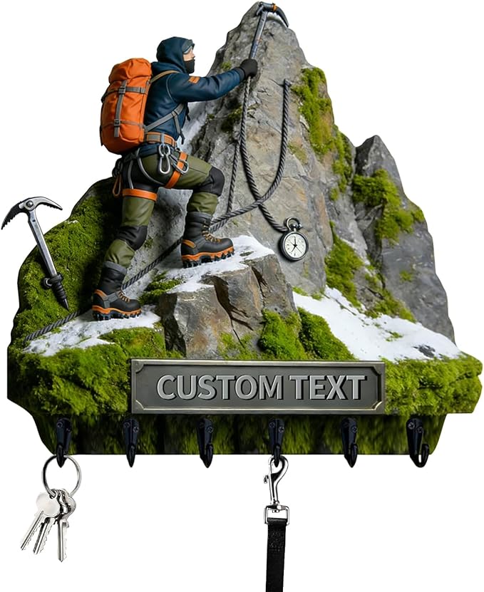 Personalized Name Climber Wall Hooks for Men Women Couple Family Mountaineering Enthusiasts Custom 2D Flat Print Mountaineer Themed Key Holder Mountain Theme Key Rack for Living Room Hallway Office