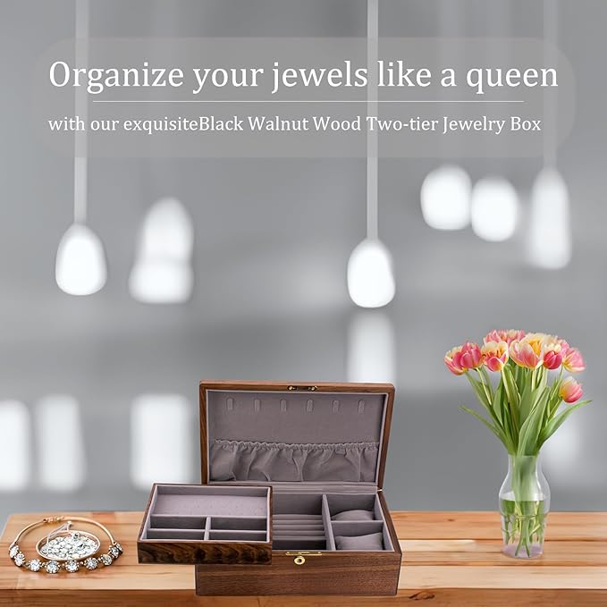 Exquisite Black Walnut Wood Jewelry Box & Organizers&holder: – Noble and Elegant Storage Solution,for Women Girls Valentines Birthdays Wedding Gift