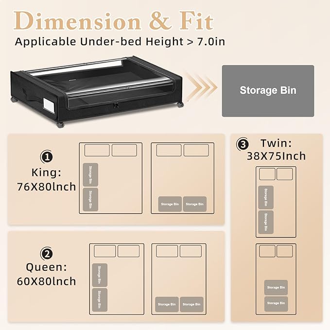 kleenhive Under Bed Storage with Wheels 2-Pack，Under Bed Storage Containers XXL，Underbed Shoes Storage with Clear Lid,Rolling UnderBed Metal Drawer for Clothes Blankets Easy Pull-out Black