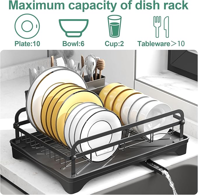 HOMEAILIE Dish Drying Rack for Kitchen Counter, Large Dish Drying Rack with Utensil Holder & Cutlery Tray, Dish Drainer with Drainboard, Black
