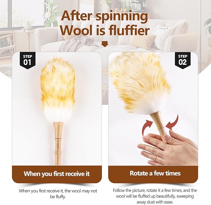 iHUFeather Lambswool Duster for Cleaning with Solid Wooden Handle Leather Hang Strap 14.9 inch Natural Feather Duster for Cleaning Ceiling Fans Window Blinds Computer Furniture(2 Pack)