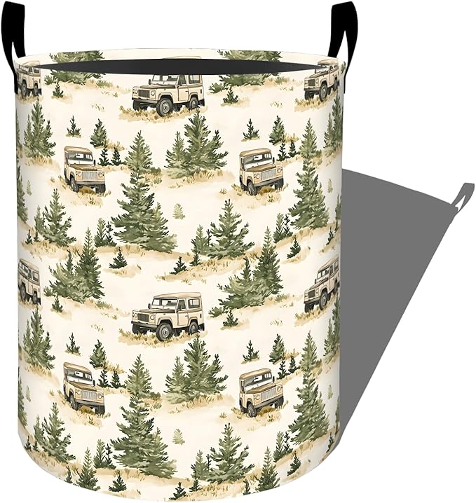 Rustic Car with Pine Tree Forest Scene Laundry Basket with Handles, 19.7"x15.7" Clothes Foldable Laundry Hamper Organizer for Dorm Nursery Bedroom Bathroom Decor, Toy Storage Bin for Kids